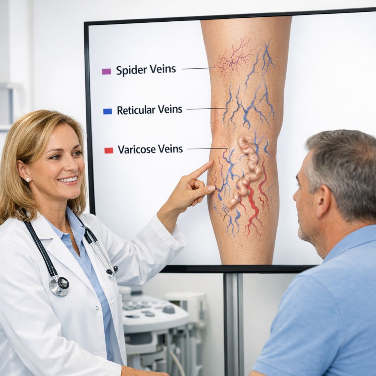 Clinician explains leg vein diagram showing spider, reticular, and varicose veins during medical consultation