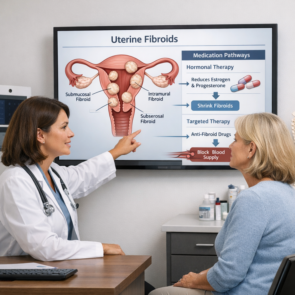 Doctor and patient reviewing uterus diagram with fibroid locations and medication pathways on clinical screen
