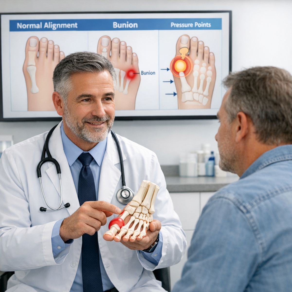 Physician explains bunion alignment to patient using foot model and annotated medical diagram on screen