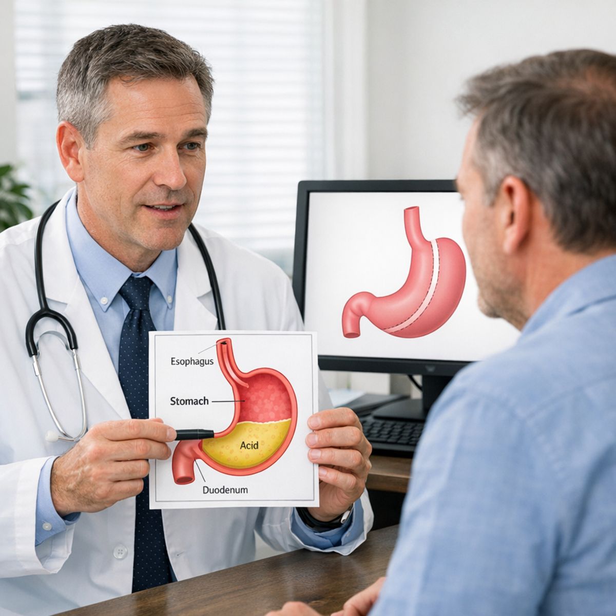 Doctor explains sleeve gastrectomy with simplified stomach diagram to adult patient in clinical setting
