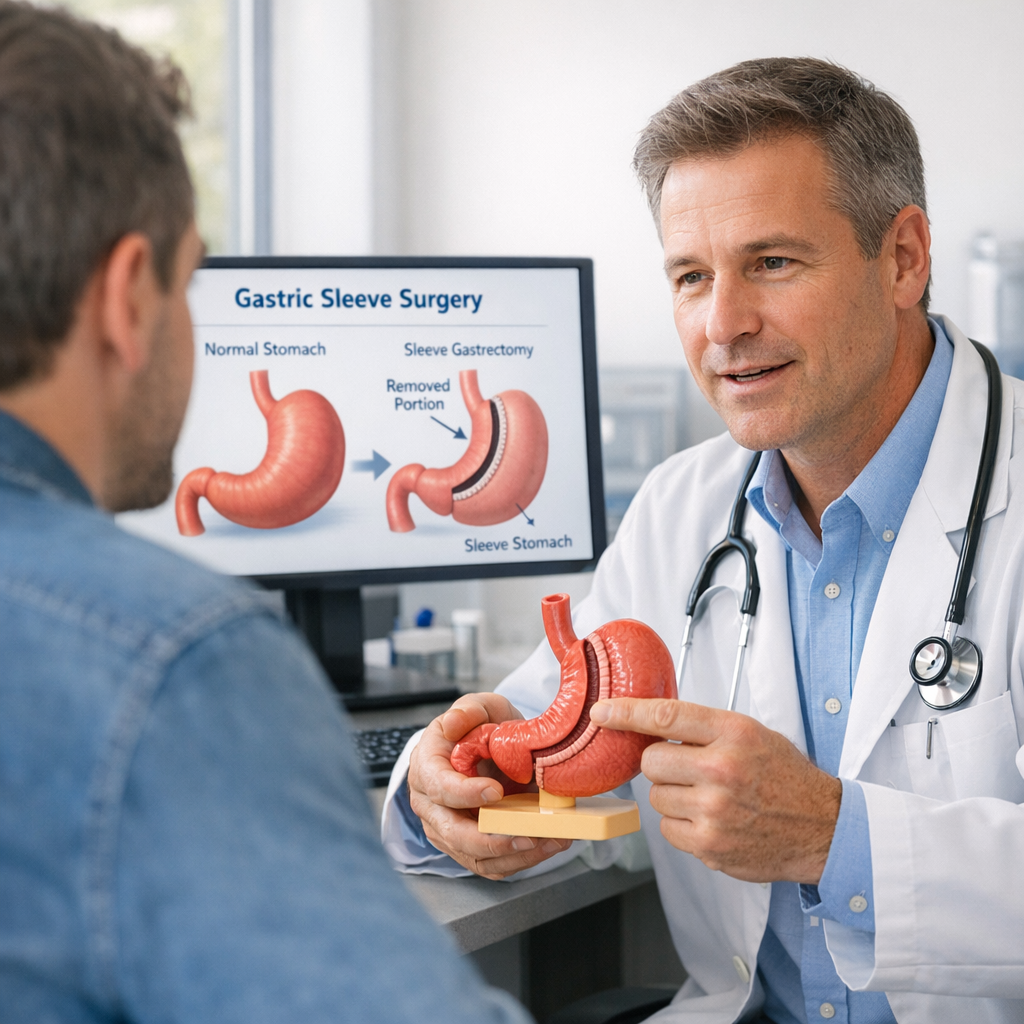 Physician explains sleeve stomach anatomy to adult patient with educational monitor graphic in clinical office