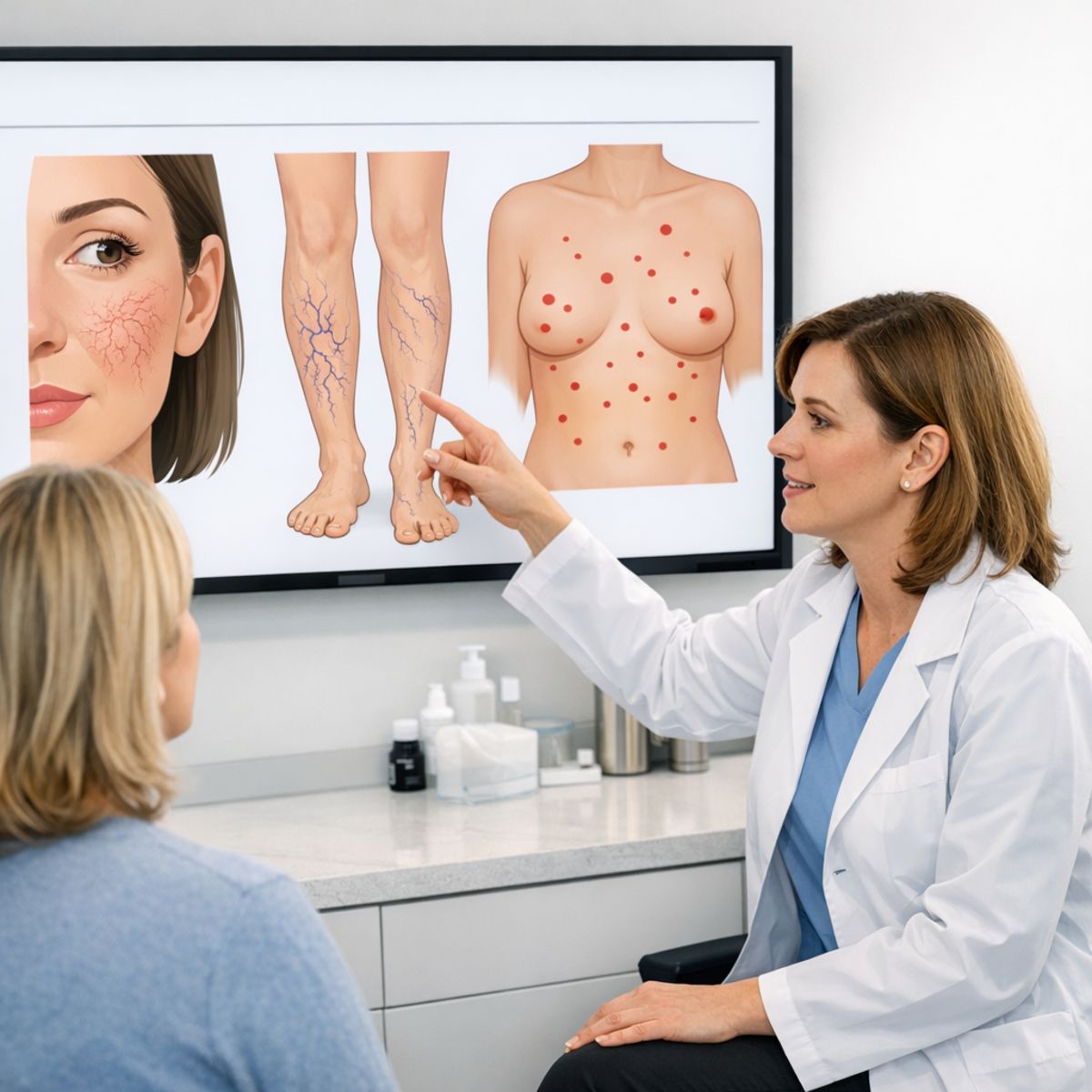 Dermatologist consulting adult patient with screen showing telangiectasias, spider veins, and cherry angiomas diagrams