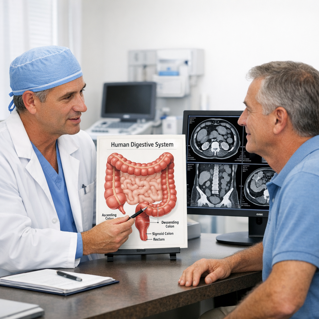 Surgeon consulting adult patient with colon diagram and CT imaging in clinical office