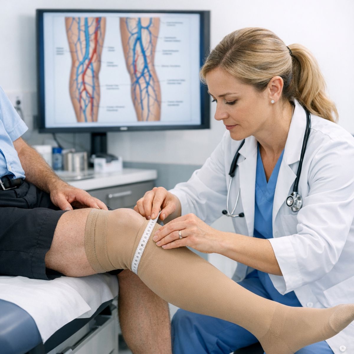 Clinician measuring and applying compression stockings on adult patient in bright exam room with medical diagram visible
