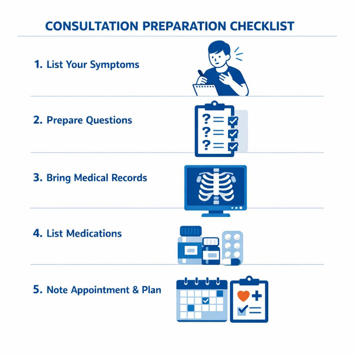 Five-step medical consultation prep checklist illustrated in flat vector style.