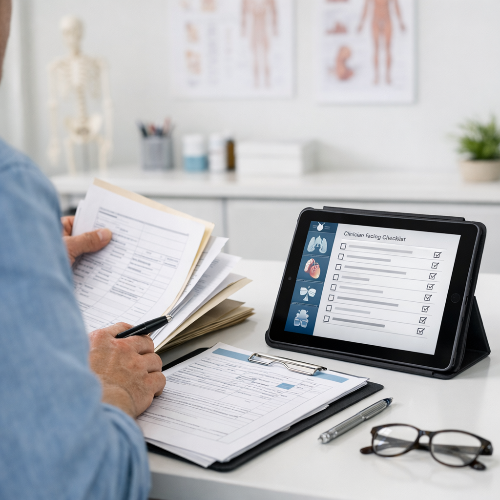 Patient preparing medical records with clinician checklist on tablet in modern clinic