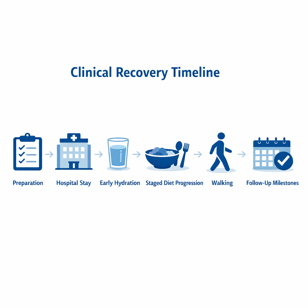 Clinical recovery timeline infographic with icons for preparation, hospital stay, hydration, diet, walking, and follow-up.
