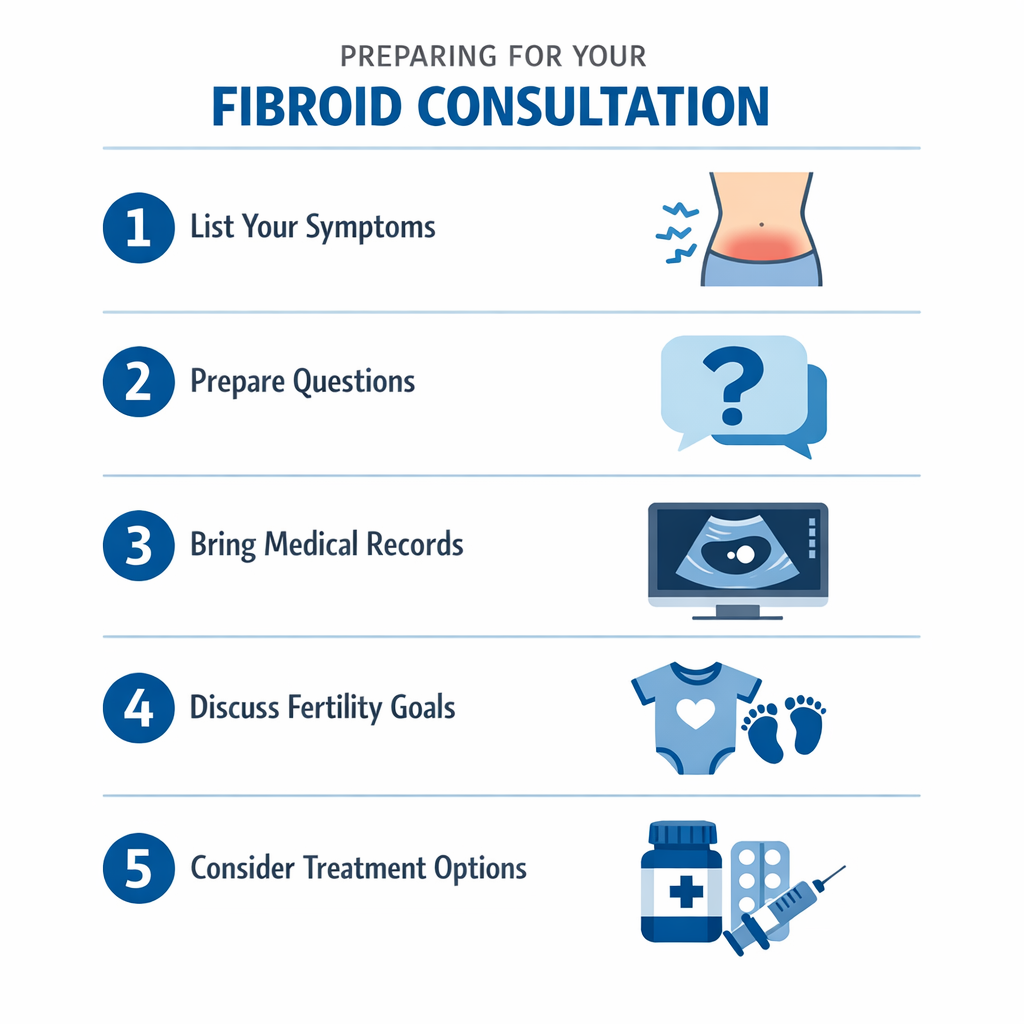 Checklist steps for preparing for a fibroid consultation, shown with five medical icons.