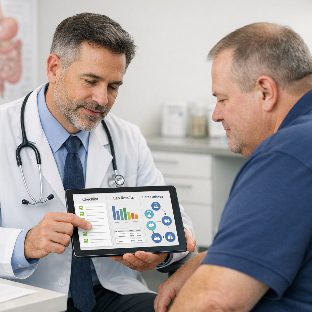 bariatric surgeon consulting with adult patient reviewing pre-op checklist and lab results on tablet