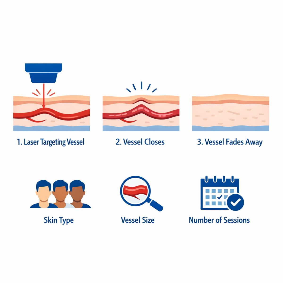 Step-by-step infographic of laser treating a superficial vessel, showing closure and fading.