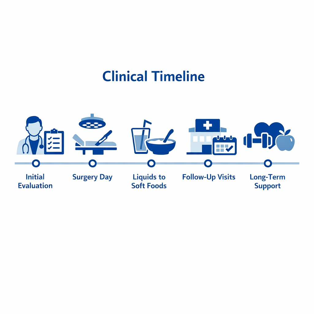 Infographic timeline of clinical journey from evaluation to long-term support, with icons for each stage.