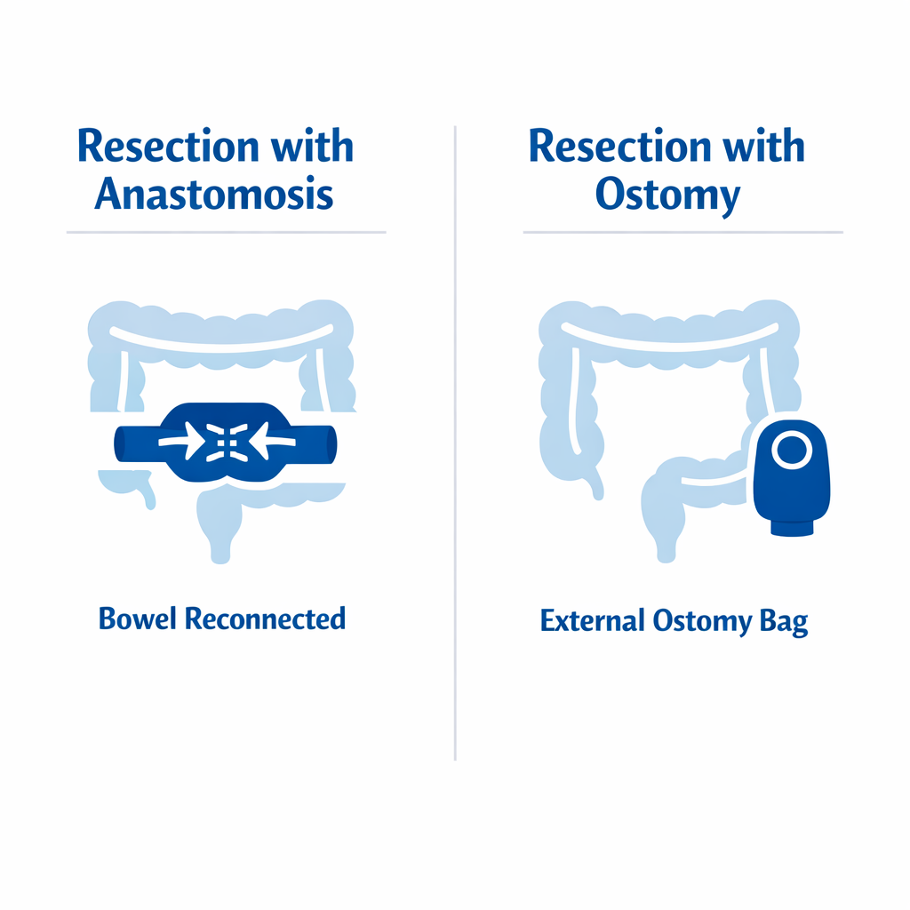 Infographic comparing resection with anastomosis versus resection with ostomy using simple clinical icons.