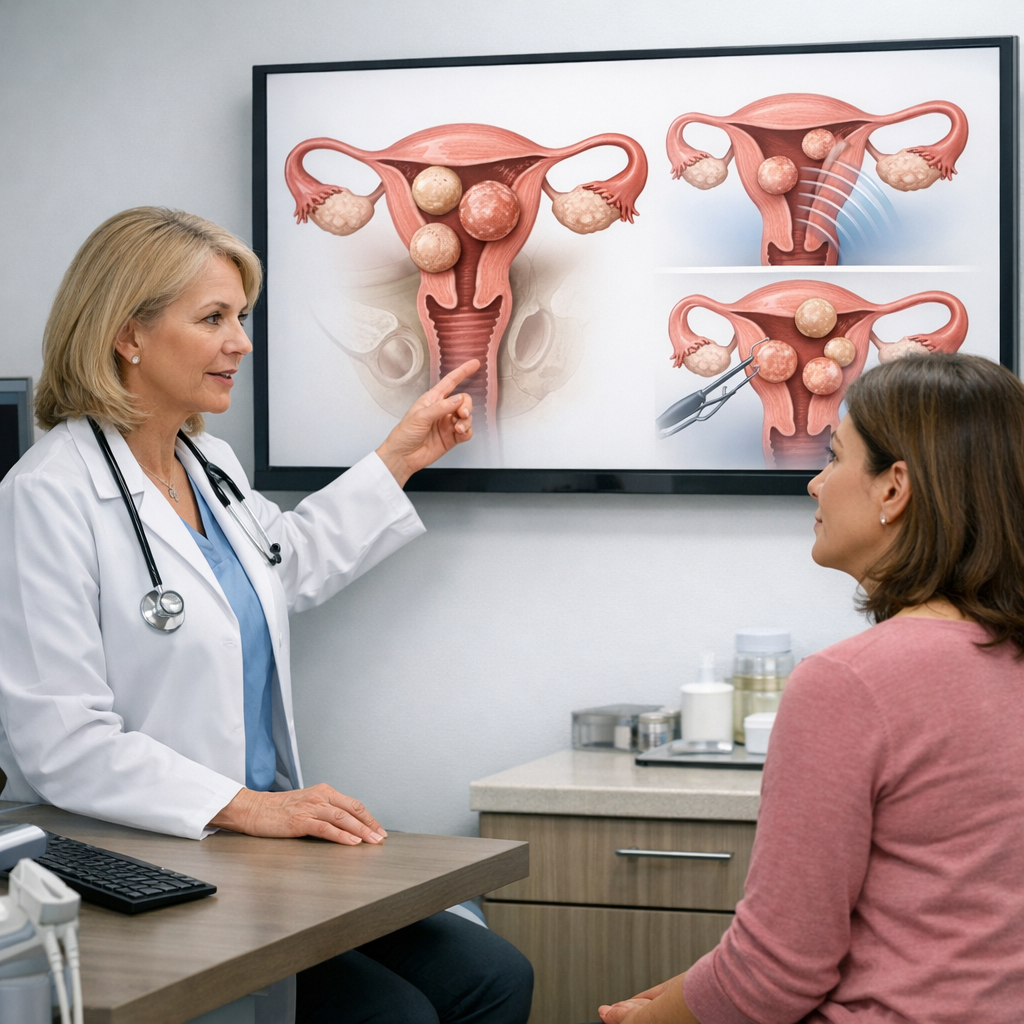 Physician explaining MRI findings of uterine fibroids to patient with medical diagrams on screen