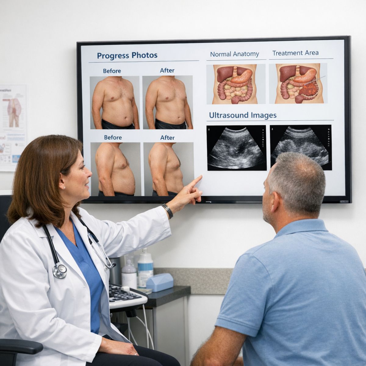 Clinician and adult patient review progress photos and ultrasound images in a bright consultation room