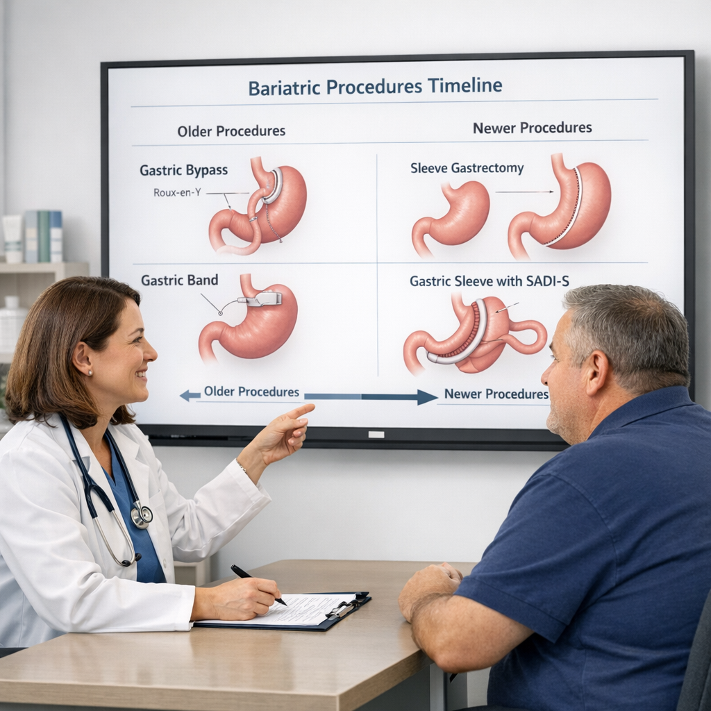 Clinician and adult patient reviewing bariatric surgery timeline with medical diagrams in clinical office