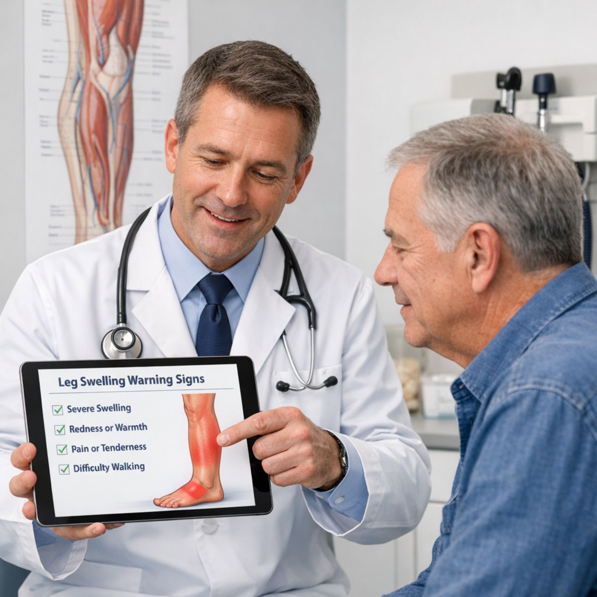 doctor and adult patient discussing leg swelling warning signs with educational checklist in clinic