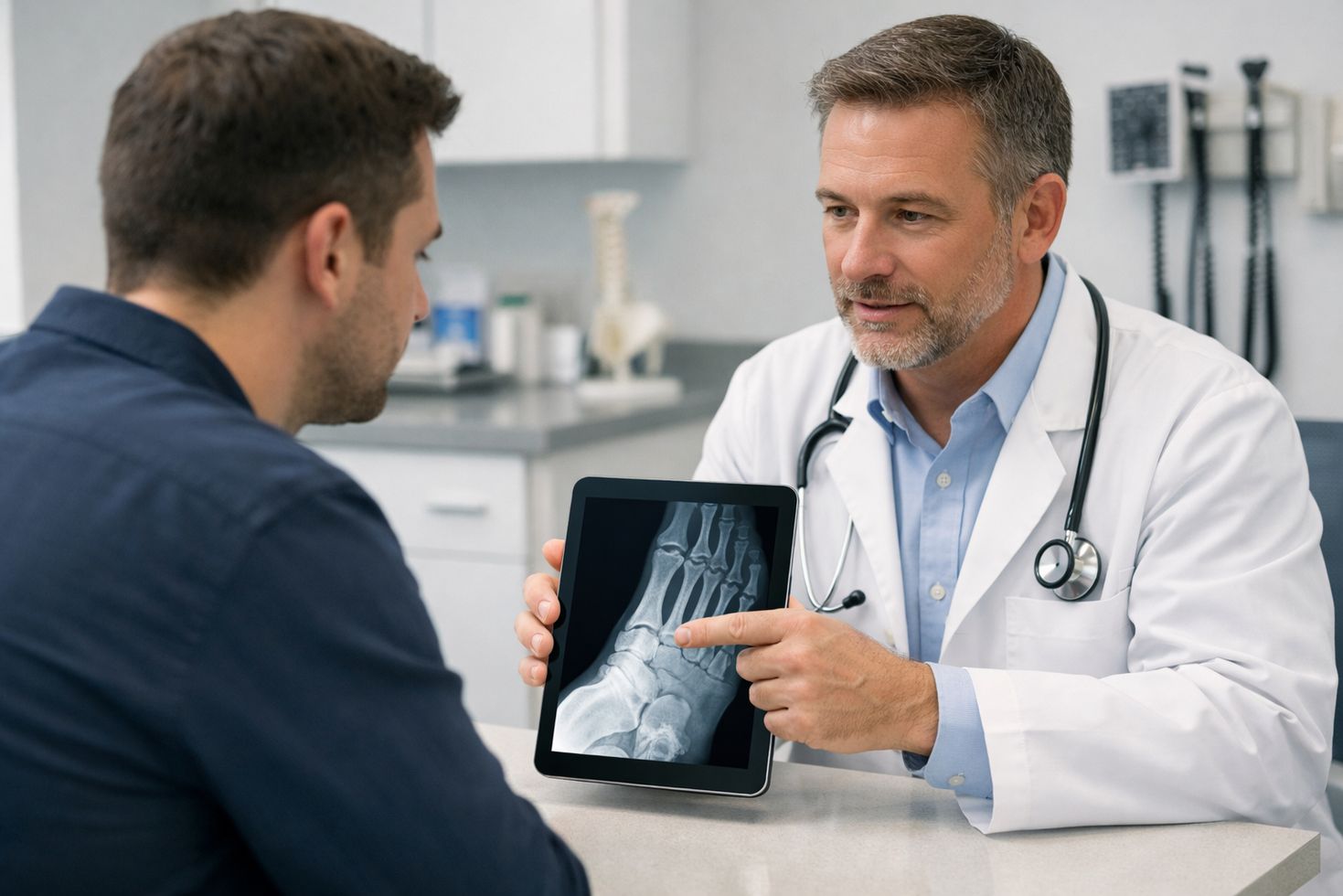 Doctor explaining foot X-ray to patient in modern clinic, discussing bunion surgery options in a calm, professional setting