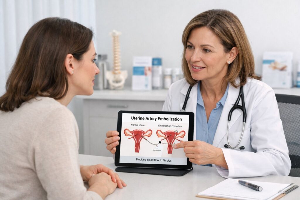 Doctor explaining uterine artery embolization procedure to a patient in a modern clinic, with medical diagrams on a tablet
