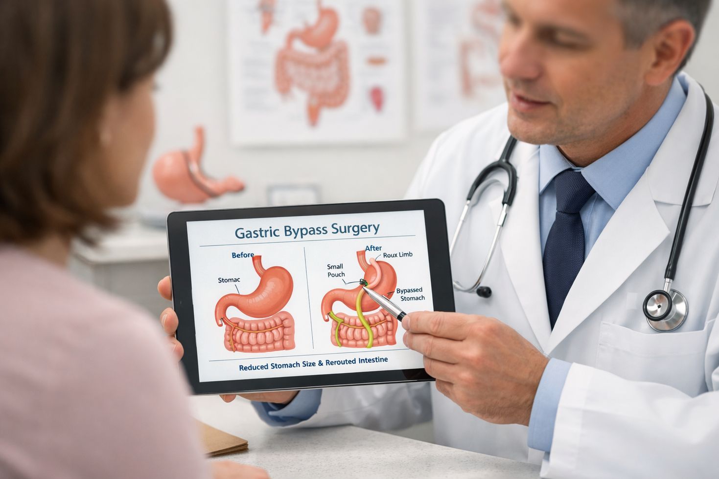 Doctor explaining gastric bypass surgery to patient in modern clinic with medical diagrams visible