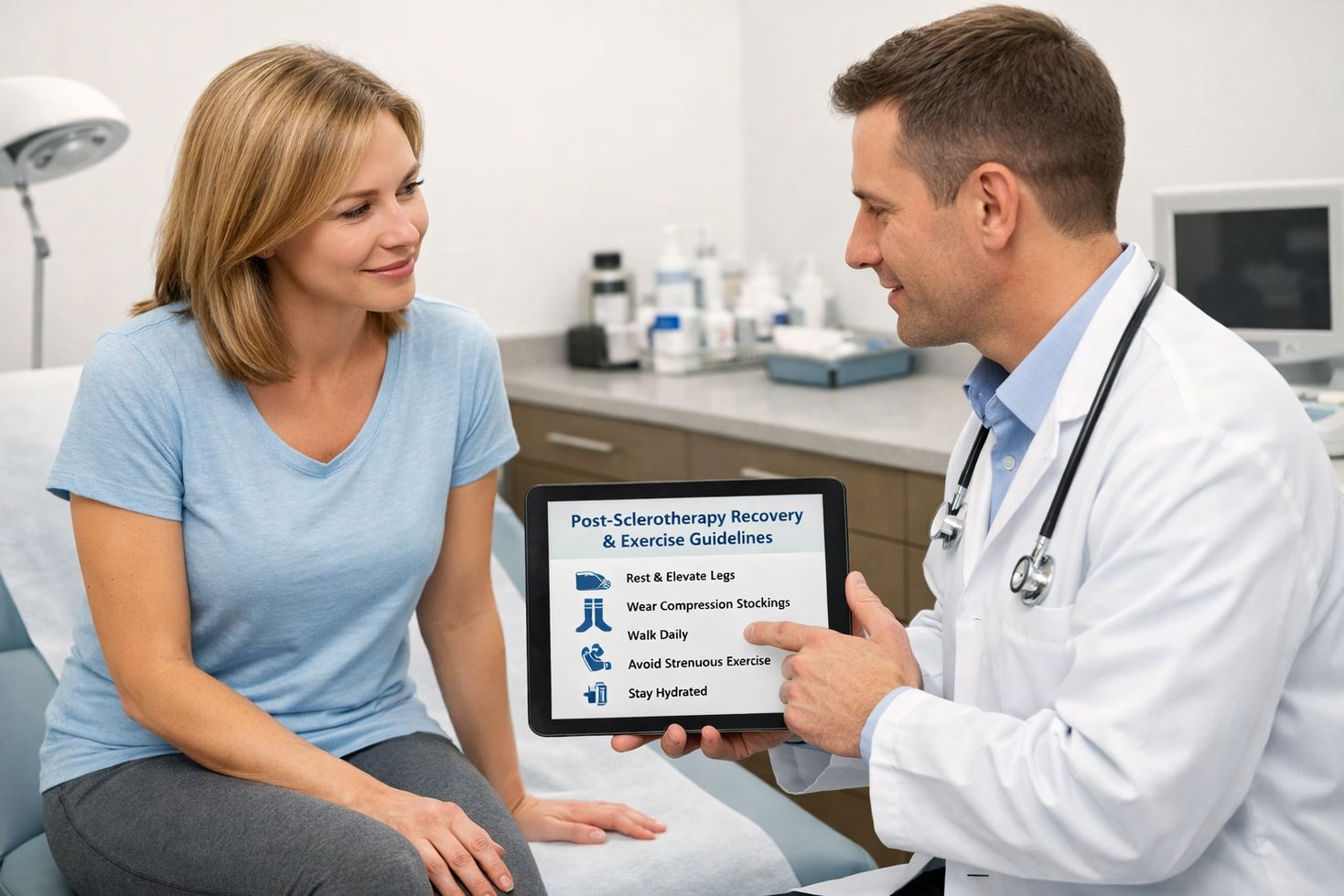 Doctor discussing sclerotherapy recovery and exercise guidance with a patient in a bright, modern clinic