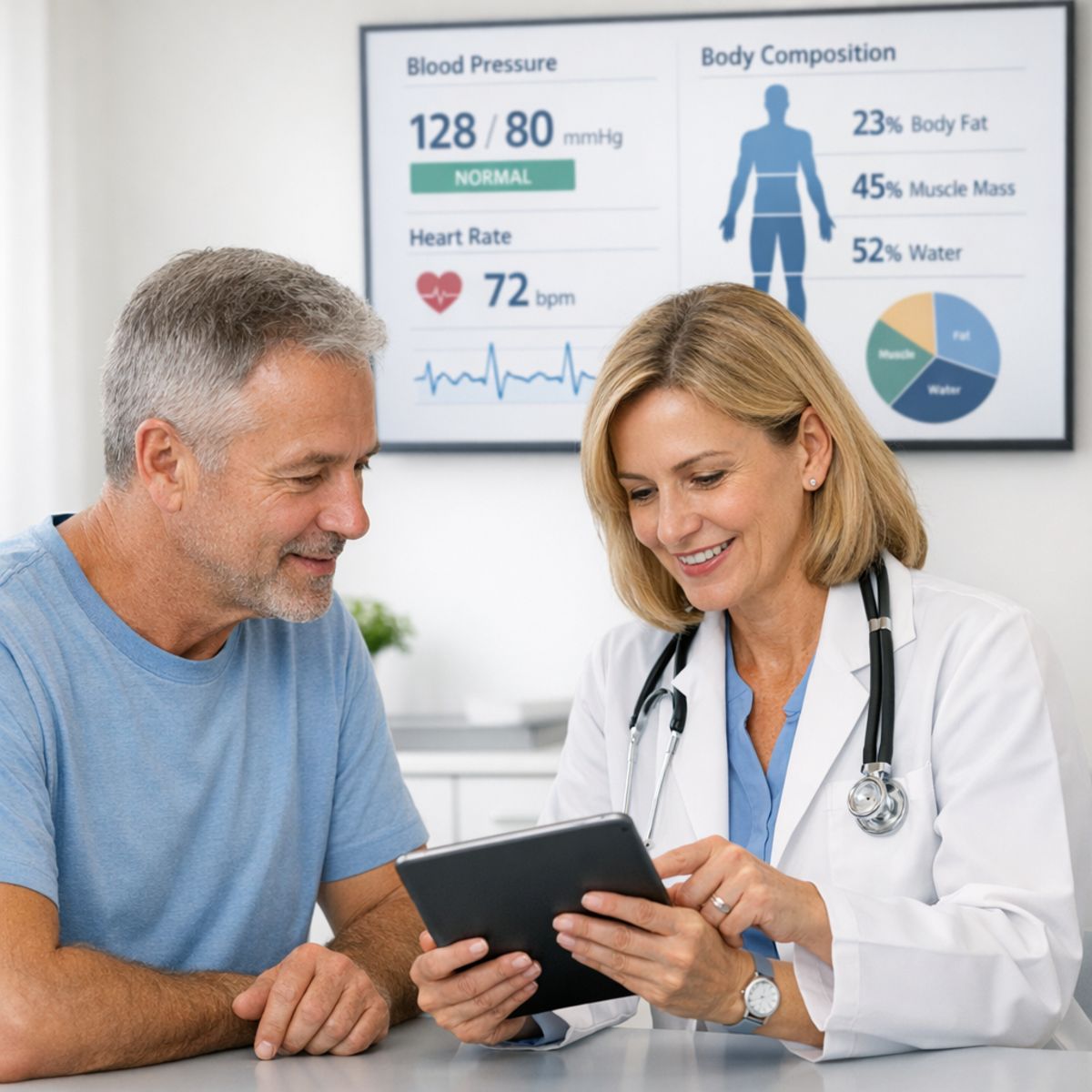 Patient and doctor reviewing health metrics during follow-up consultation in a clinical office
