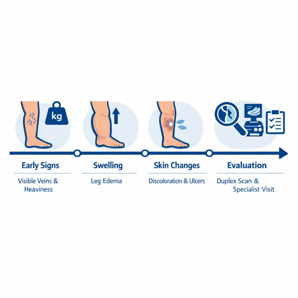 Timeline infographic showing stages of venous disease progression with icons.