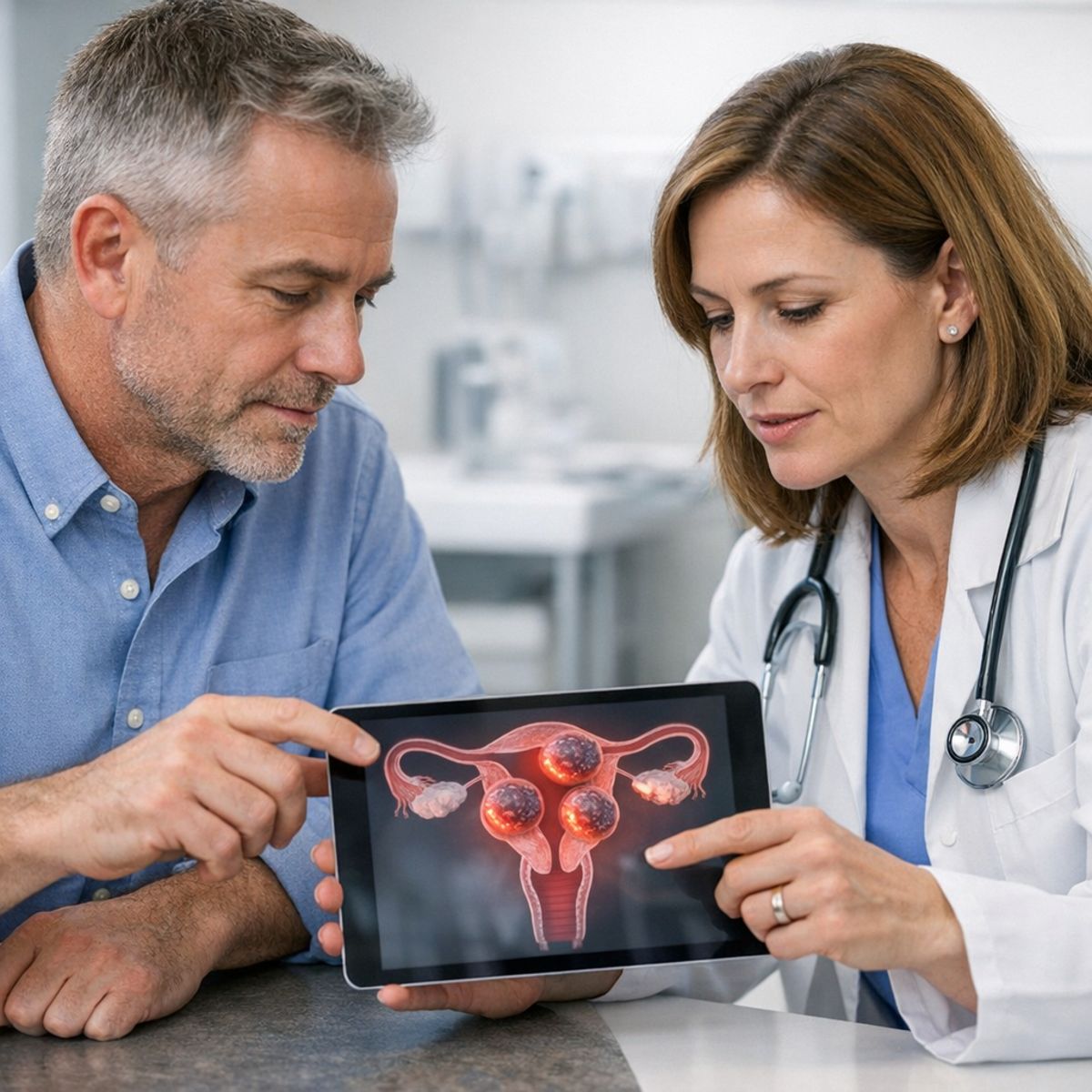 Physician and adult patient reviewing fibroid treatment progress with medical illustration overlay
