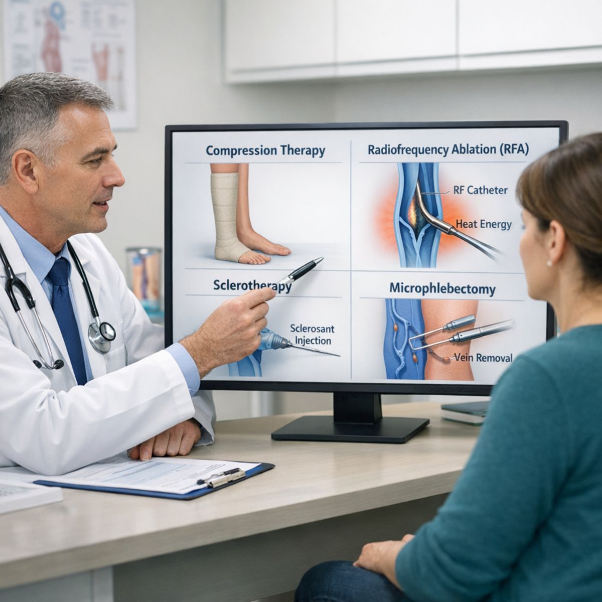 Physician and patient reviewing vein treatment options with medical diagrams on clinic monitor