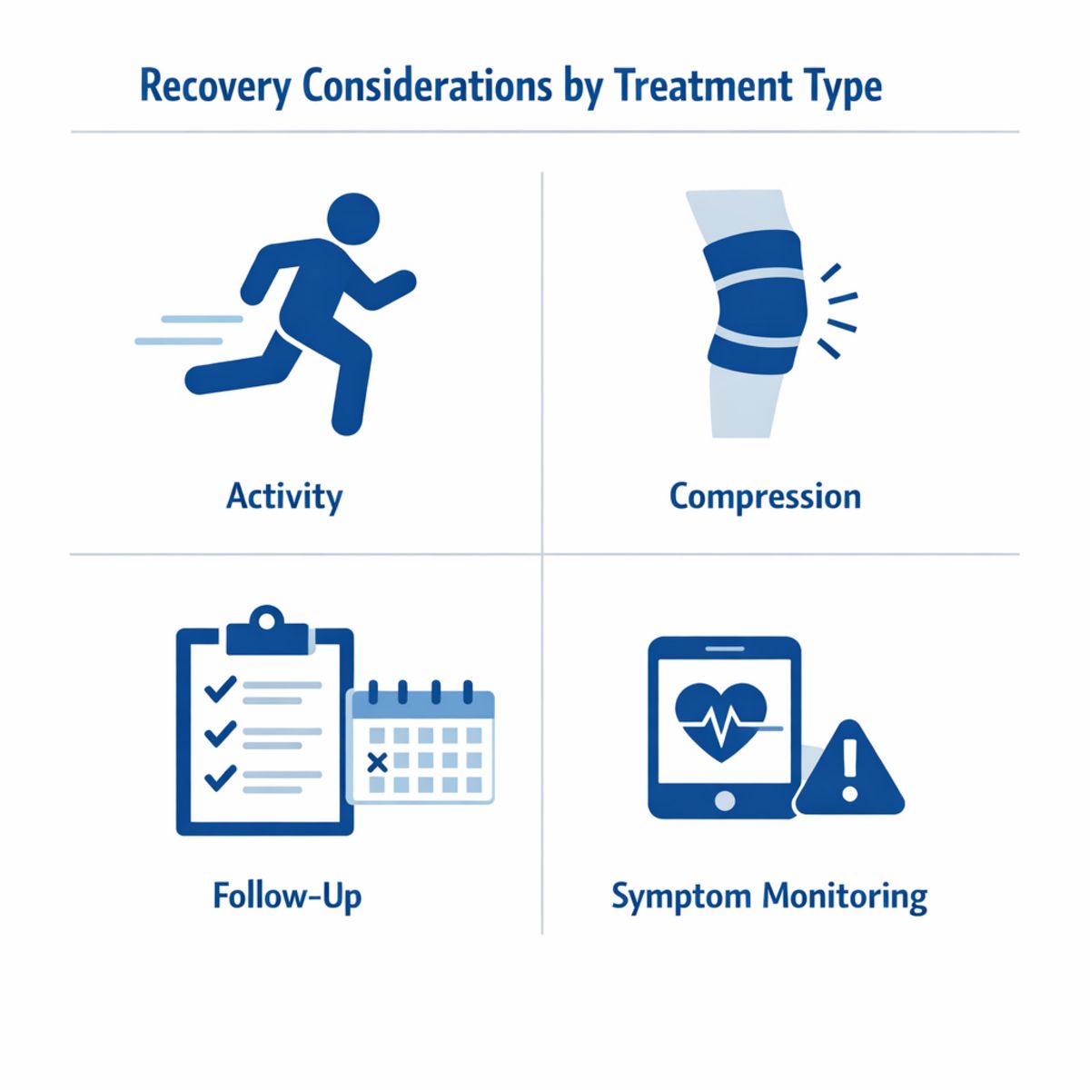Infographic icon grid showing recovery steps: activity, compression, follow-up, and symptom monitoring.