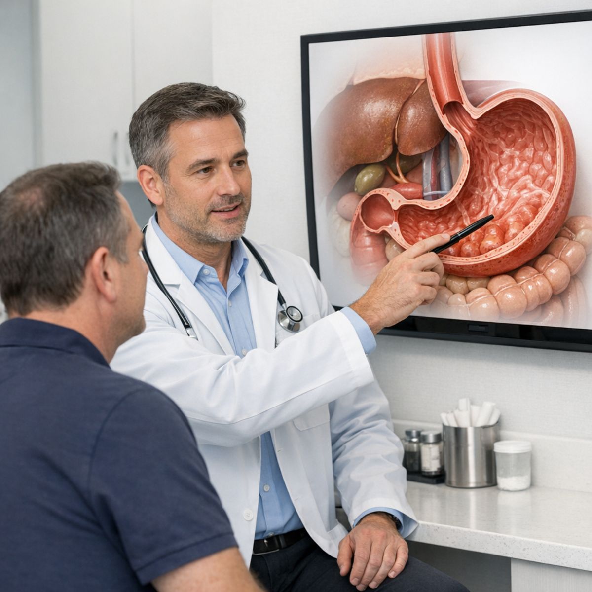 Physician explains stomach anatomy to adult patient using clinic screen diagram