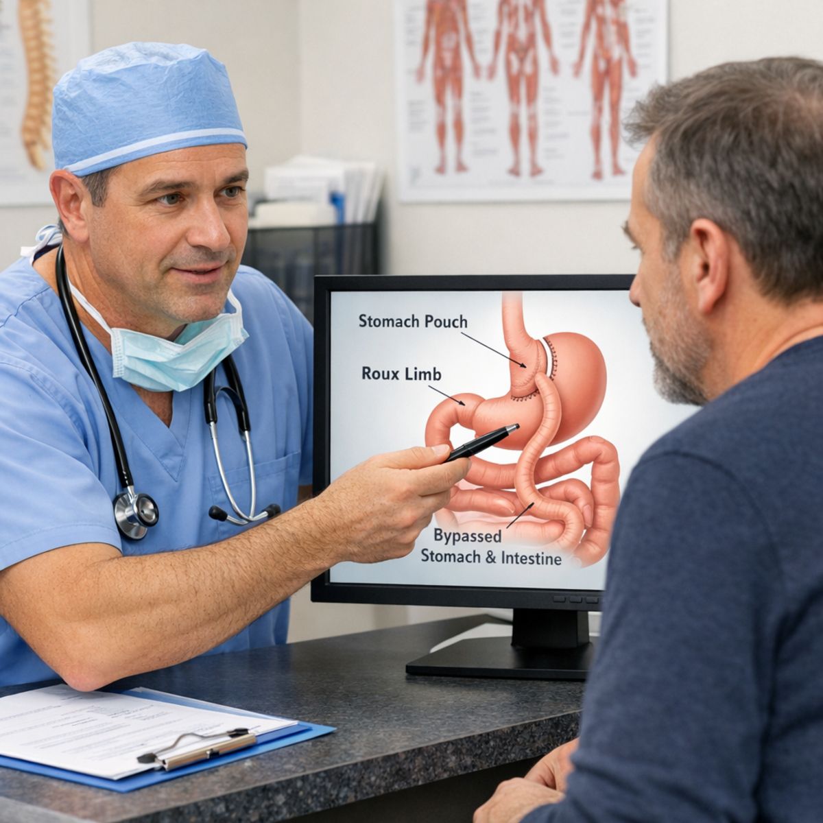 Surgeon explaining stomach and intestinal rerouting diagram to adult patient in clinical consultation