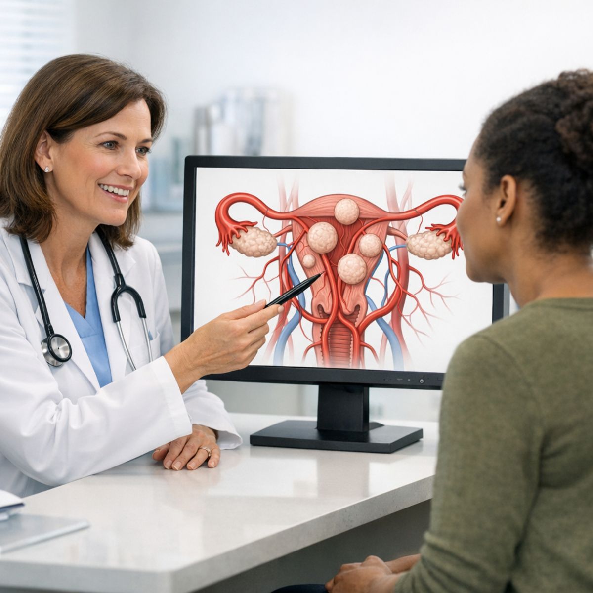 Physician explains uterine anatomy and fibroid blood supply to patient using clinical monitor with pelvic diagram