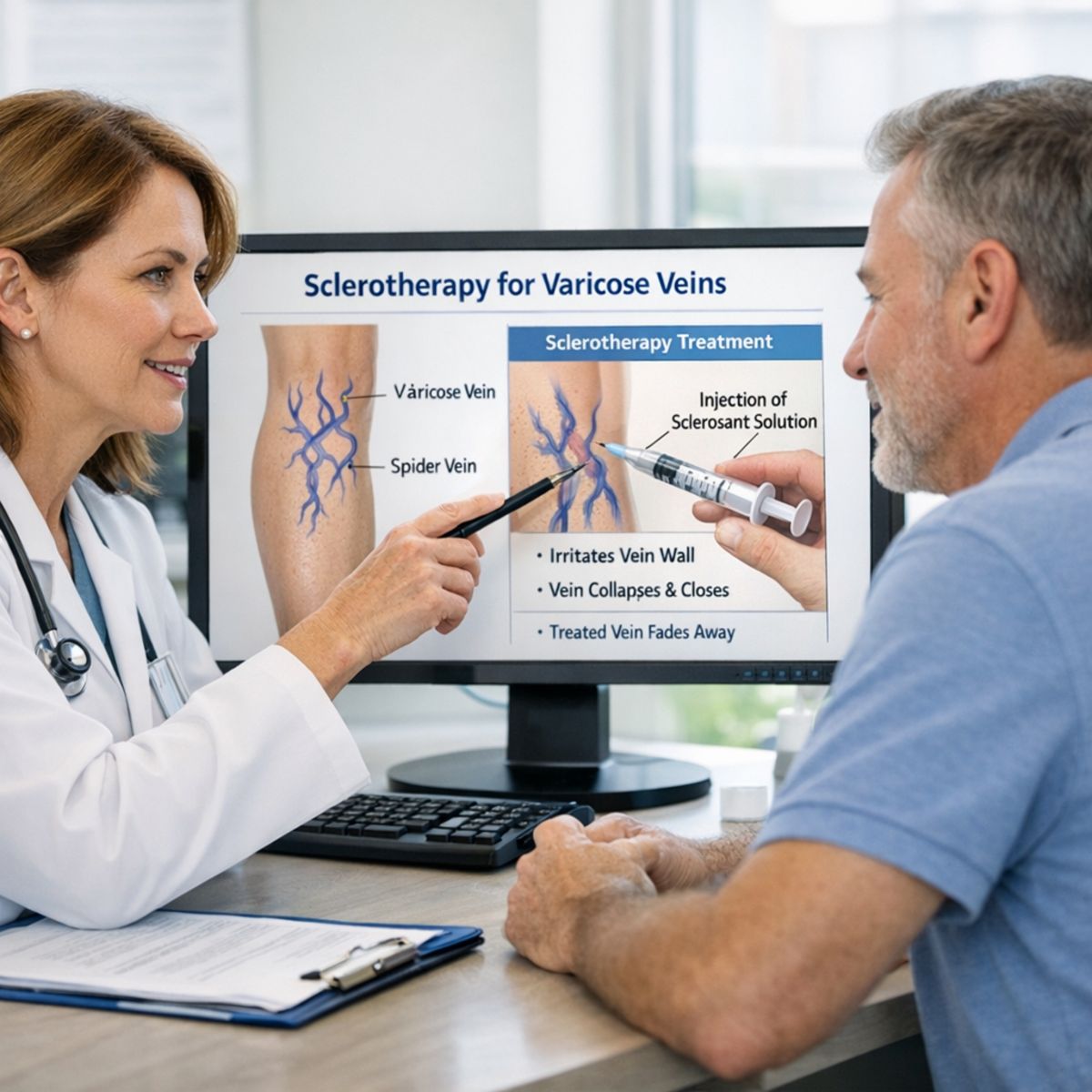 Doctor explains sclerotherapy using leg vein diagram during patient consultation in clinic