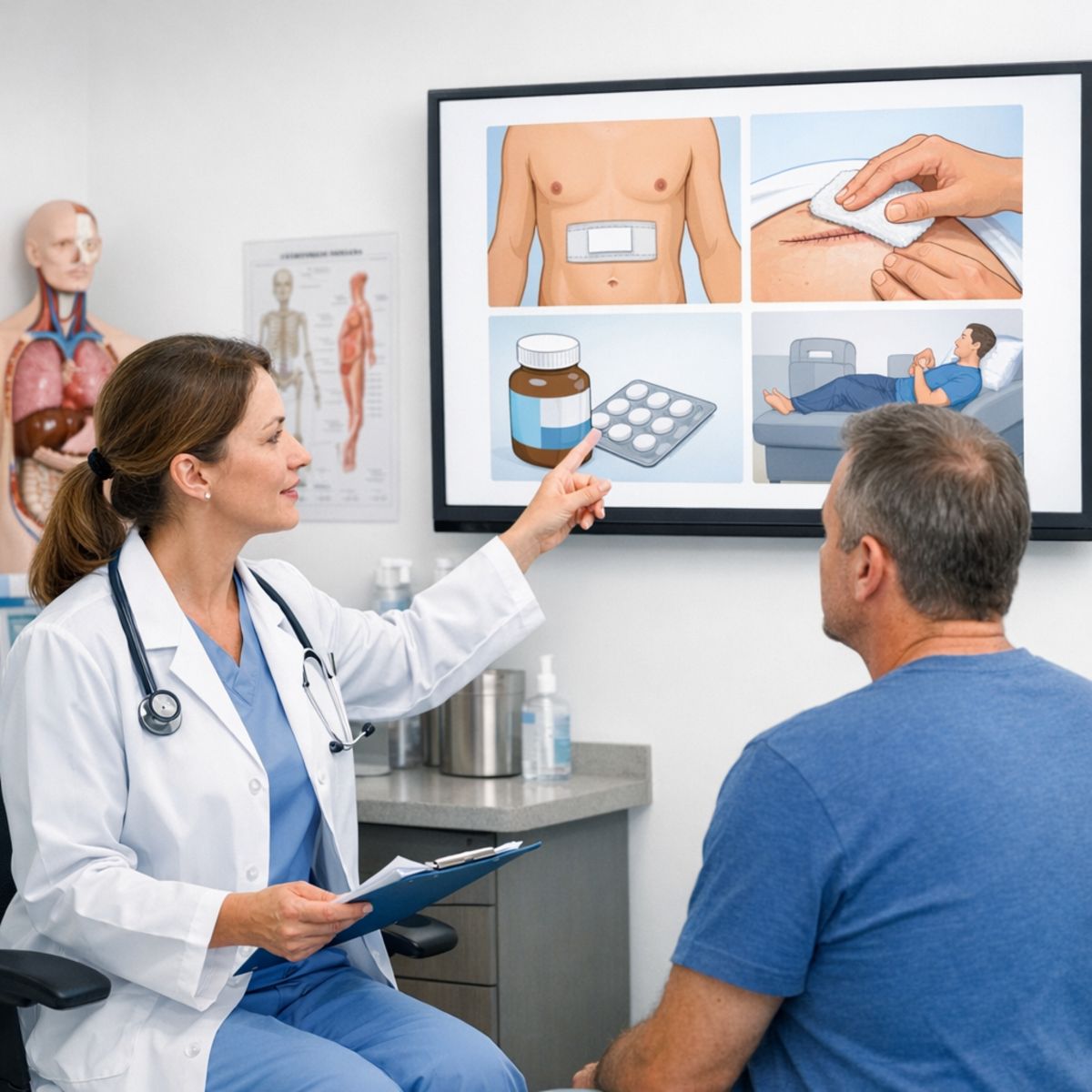 Medical consultation showing clinician and patient discussing post-op incision care with educational medical diagrams