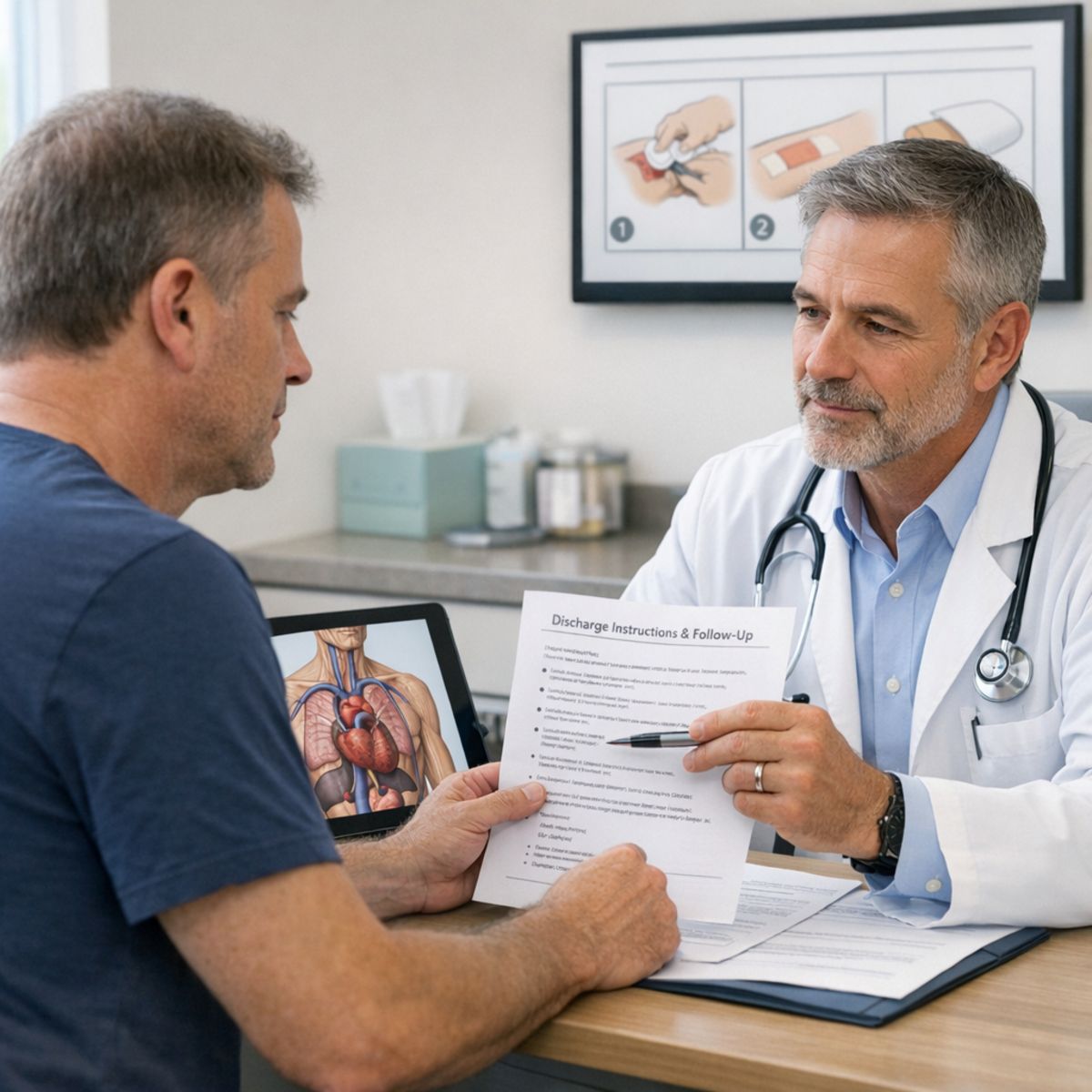 Adult patient and doctor reviewing discharge instructions in a bright clinical office