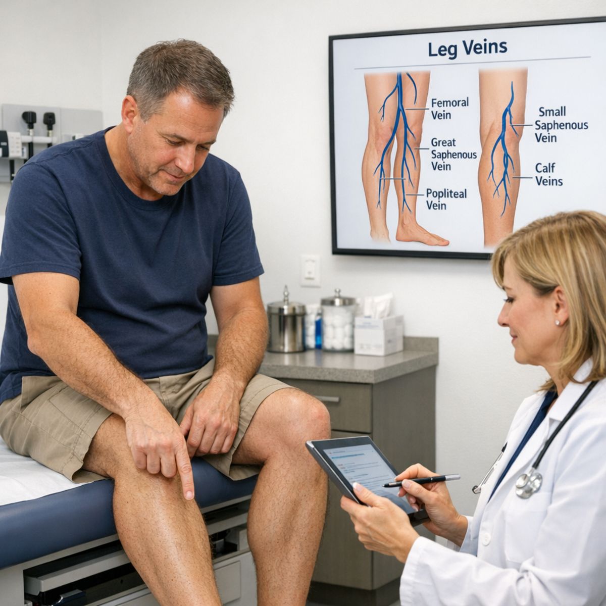 Adult patient indicating lower-leg discomfort to clinician in bright exam room with vein anatomy display
