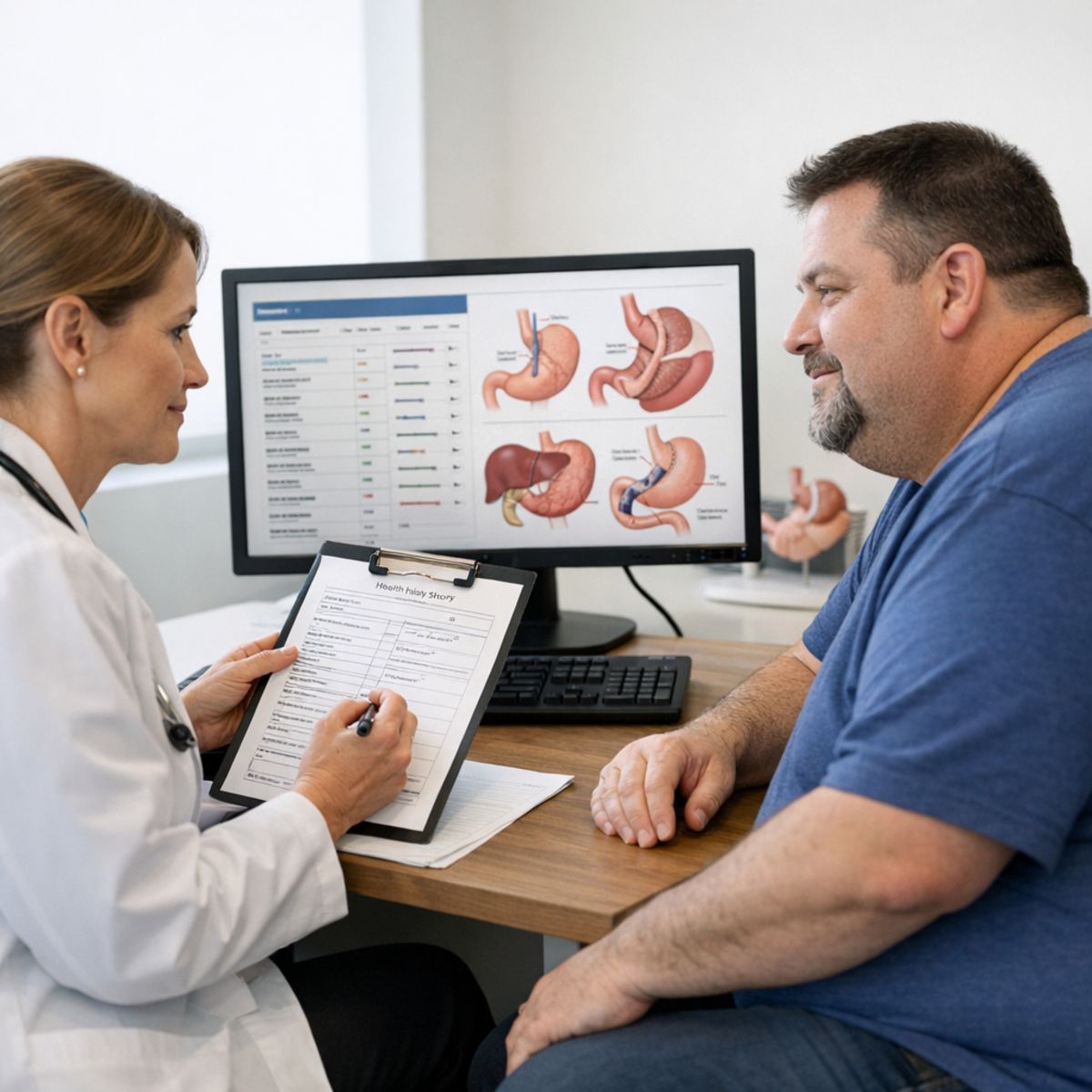 Bariatric evaluation with clinician and adult patient reviewing health history and procedure diagrams in a bright clinic