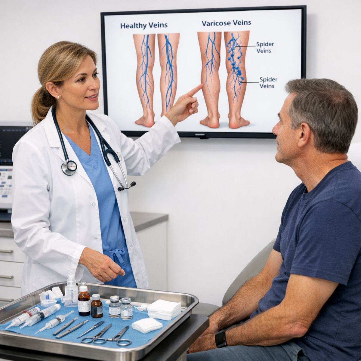 Physician consulting with patient in clinical room before sclerotherapy, educational vein diagram on screen, bright medical
