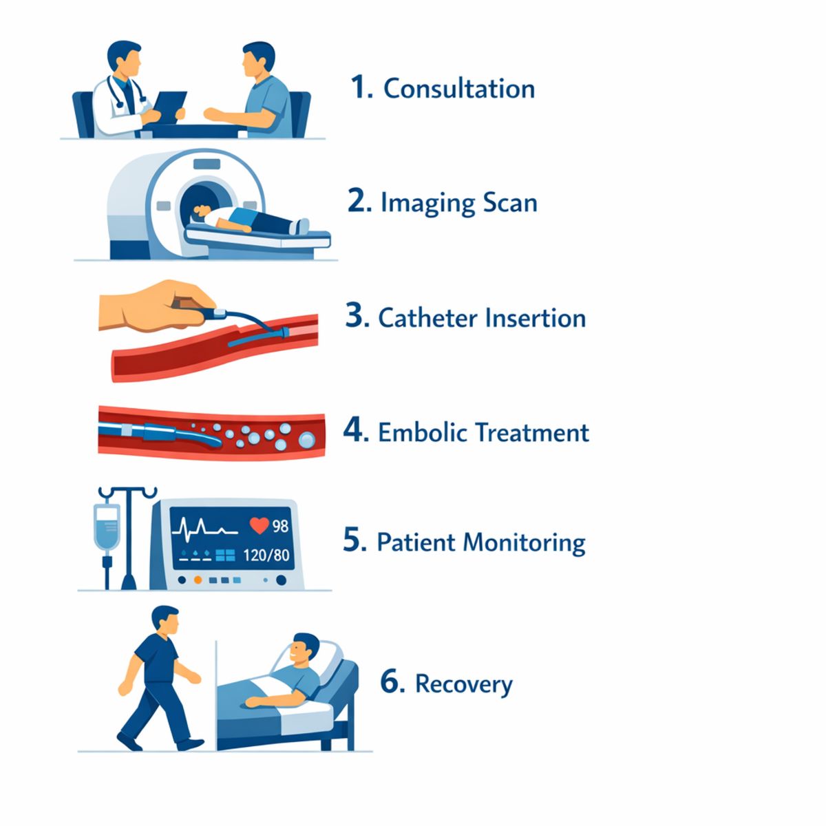 Step-by-step clinical procedure infographic with consultation, imaging, catheter, embolic delivery, monitoring, and recovery.
