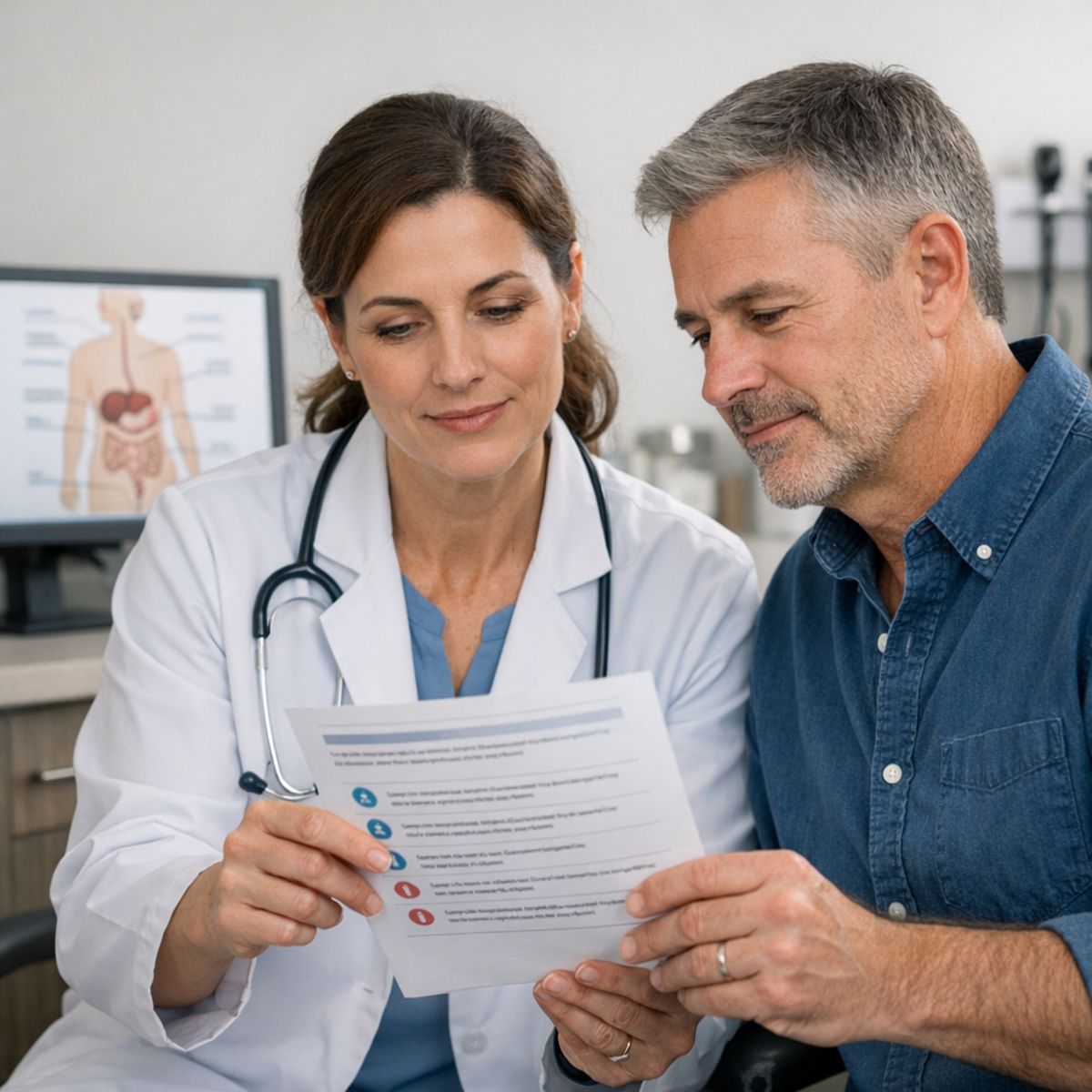 Doctor and adult patient reviewing aftercare instructions in a bright clinical office