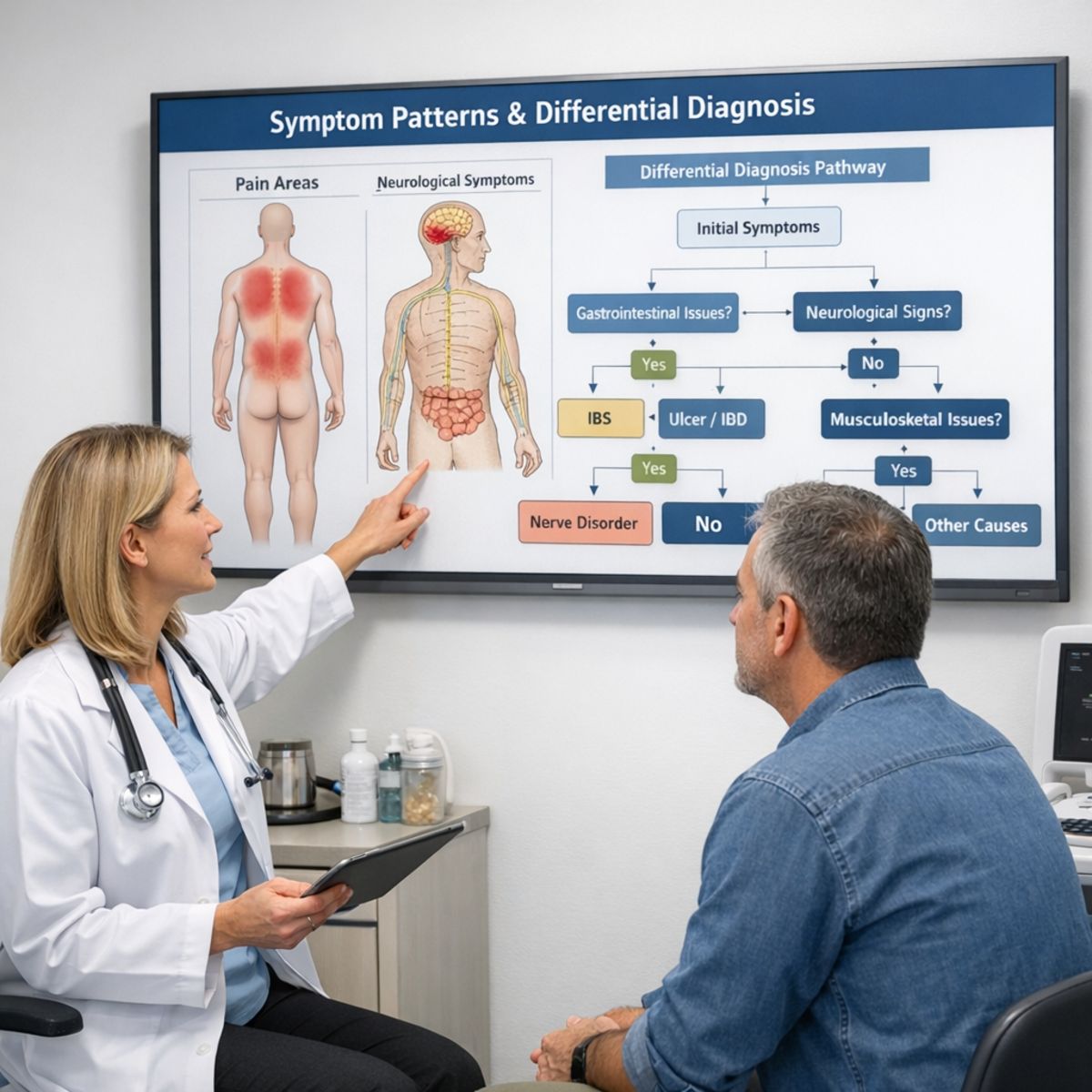 Clinician discussing symptom patterns and diagnosis pathways with adult patient in a modern medical office