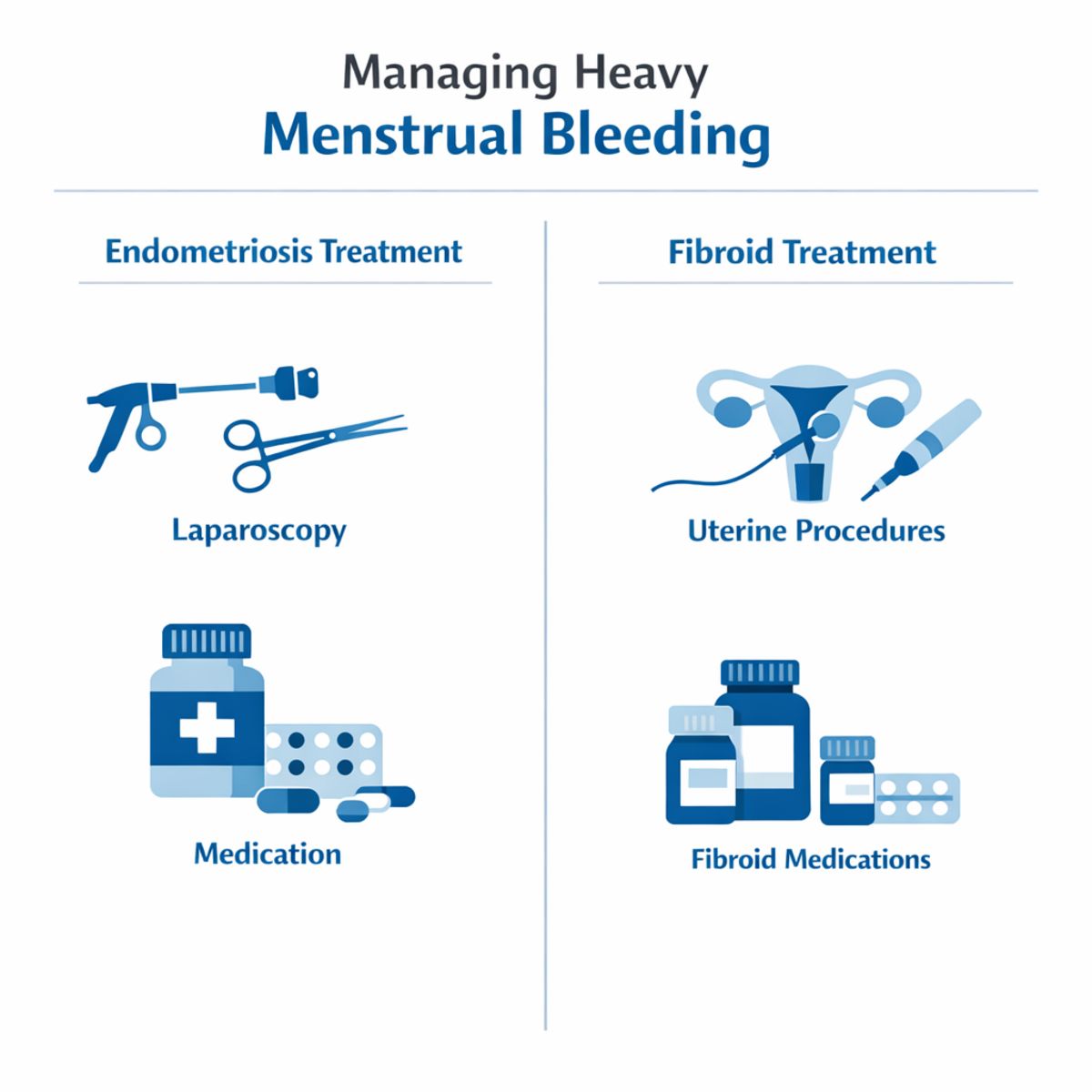 Infographic comparing endometriosis laparoscopy, medication management, and fibroid treatment pathways for heavy bleeding.
