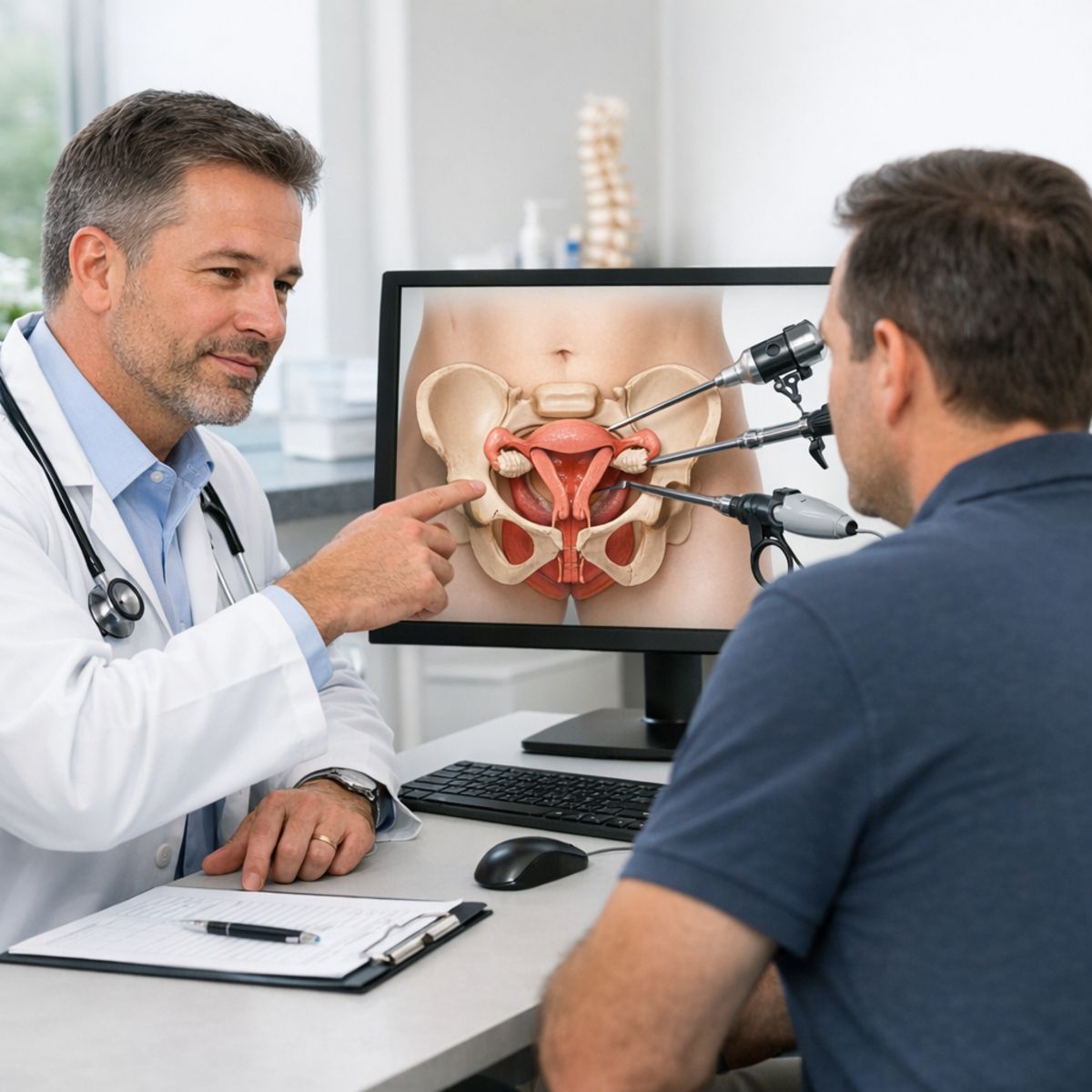 Physician explains laparoscopic instruments and pelvic anatomy to adult patient using medical monitor