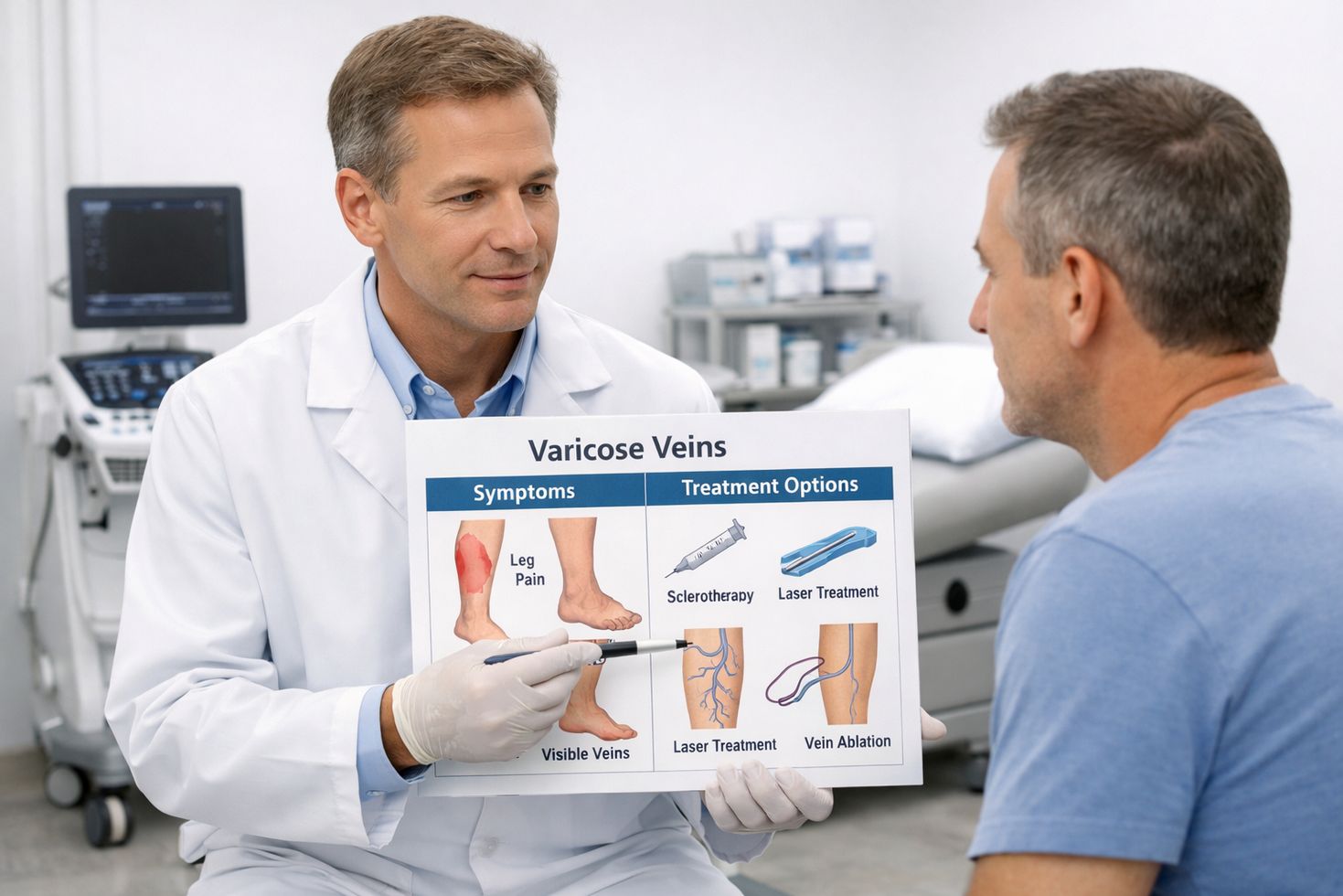 Doctor explaining varicose vein symptoms and treatment options to a patient in a modern vein clinic