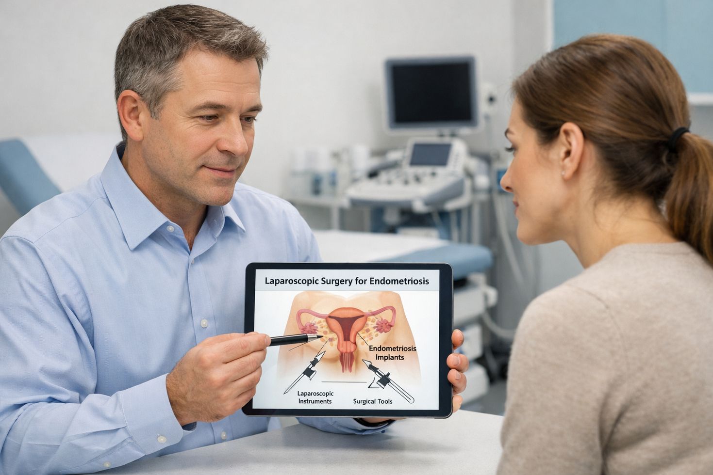 Doctor explaining laparoscopic surgery for endometriosis to patient using digital tablet in modern clinic consultation room