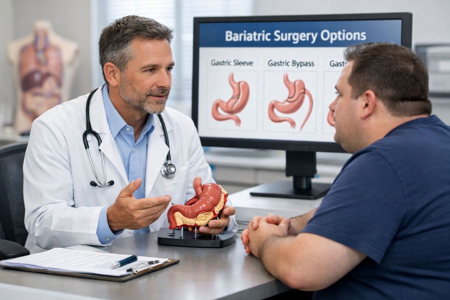 Doctor discussing bariatric surgery options with patient in a bright, modern medical consultation room