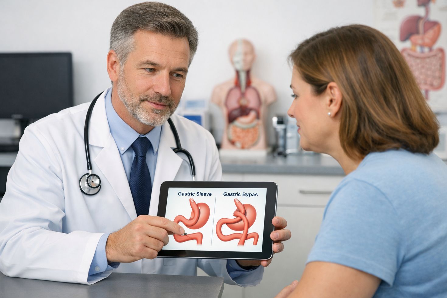 Doctor and patient discussing bariatric surgery options in a modern clinic with medical diagrams and equipment visible