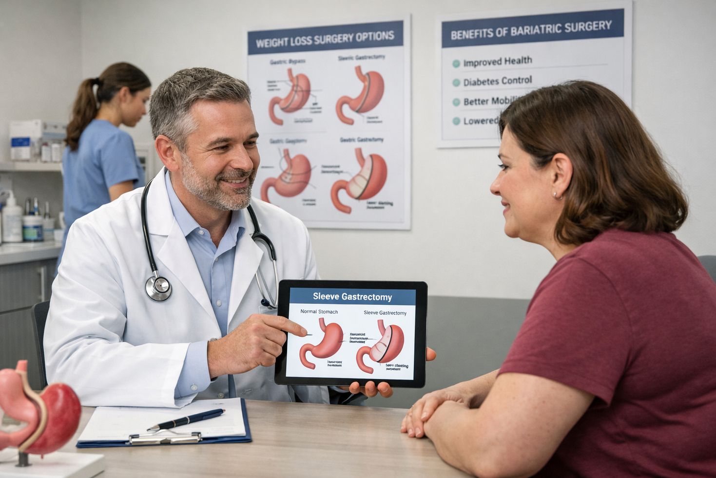 Doctor explaining sleeve gastrectomy to patient in a modern clinic, with nurse preparing equipment and medical posters