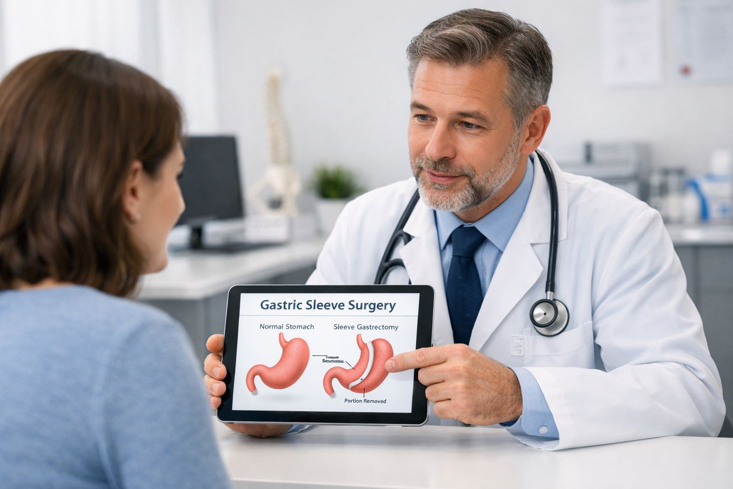 Doctor discussing gastric sleeve surgery with patient using a digital diagram in a modern medical office