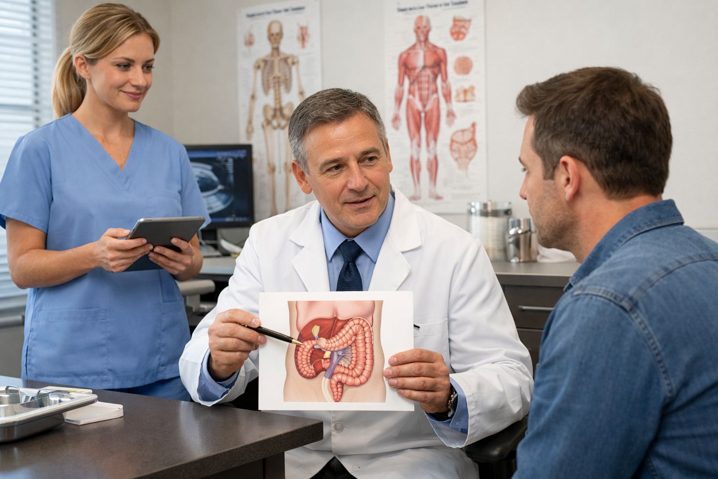 Doctor explaining Nissen fundoplication surgery to patient in a modern, clean hospital consultation room